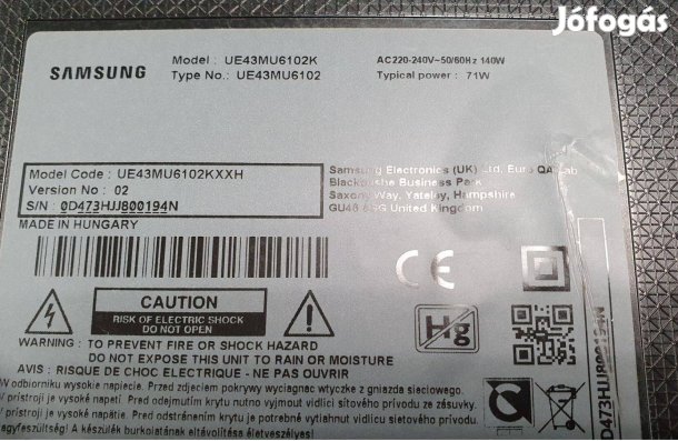 Samsung UE43MU6102 LED LCD hibás törött UE43MU6102K táp elkelt