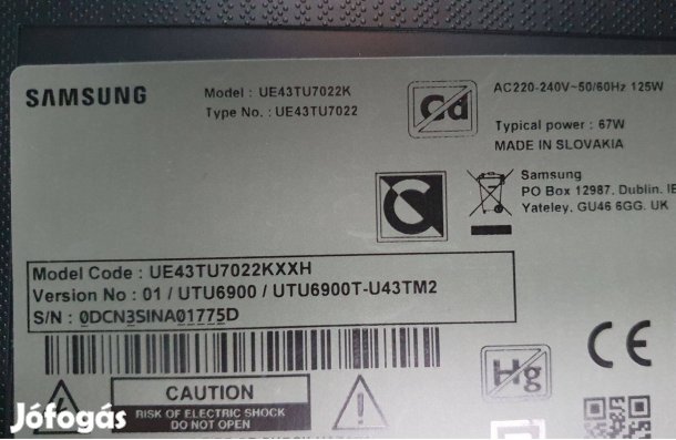 Samsung UE43TU7022K LED tv hibás törött alkatrésznek UE43TU7022