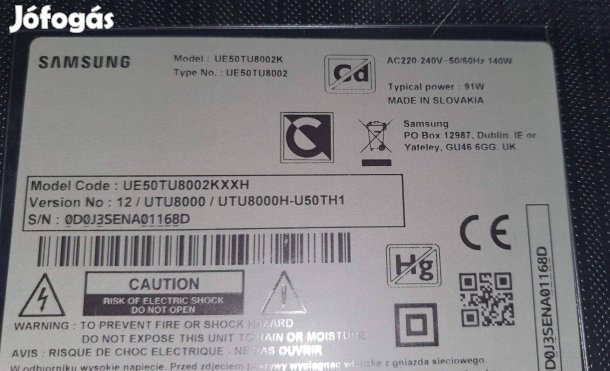 Samsung UE50TU8002K 4K UHD LED tv hibás törött alkatrésznek eladó