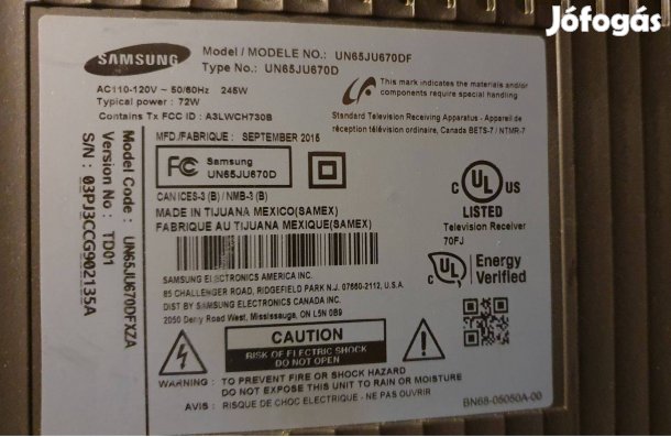 Samsung UN65JU670DF LED LCD tv hibás törött alkatrésznek UE65JU670DF