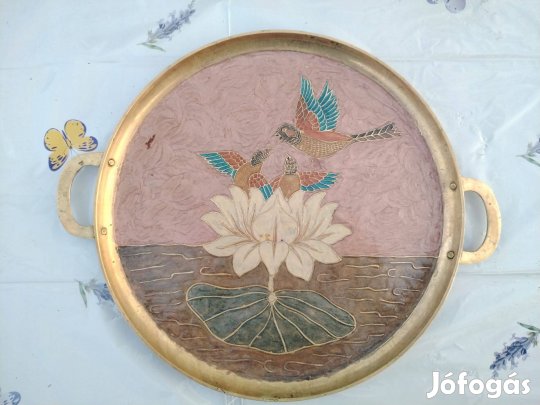 Sárgaréz tálca tűzzománc diszítéssel