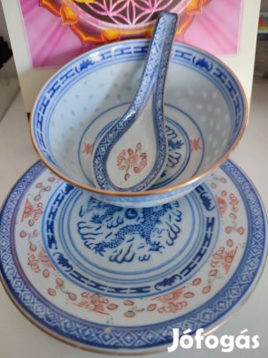 Sárkánymintás rizstál kanállal, kék-fehér