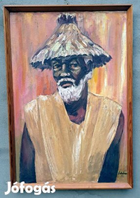 Schéner Mihály:Néger férfi portré szalmakalapban