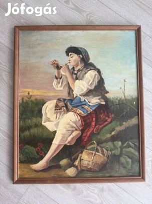 Schneider N 1987 Pipára gyújtó cigánylány kép olaj festmény eladó
