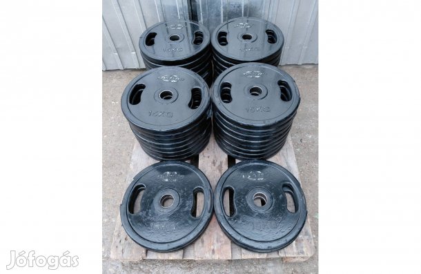 Sérült gumírozású 15 kg-os Gym80 súlyzó tárcsa, súlytárcsa 51 mm