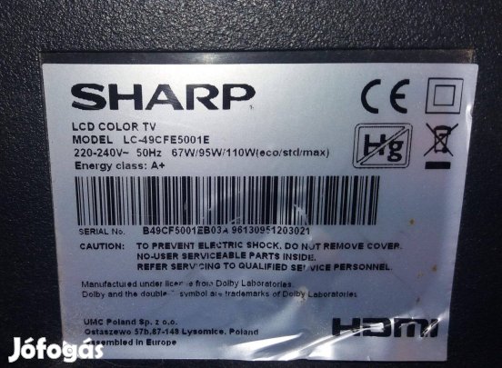 Sharp LC-49CFE5001E LED tv panelek alkatrésznek 6870C-0532B