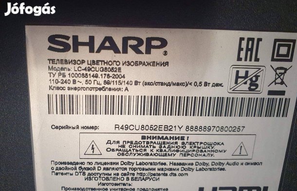 Sharp LC-49CUG8052E LED tv hibás törött,nem kapcsol be