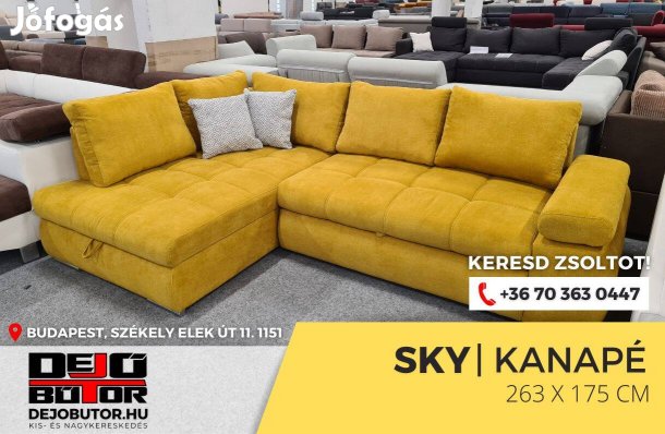 Sky sarok kanapé ülőgarnitúra 265x175 cm rugós ágyazható mustár sárga