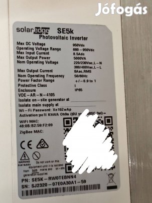 Solaredge SE5K Inverter, Napelem, PV, garanciális, S440 optimalizáló