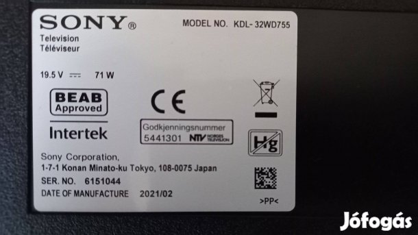 Sony Bravia Kdl-32 WD755 - LCD TV - 5 Éves - Működőképes - Hibás