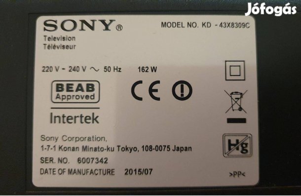 Sony KD-43X8309C LED tv hibás törött,mainboard,Tcon elkelt!