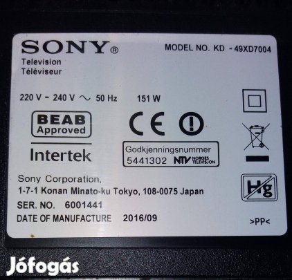 Sony KD-49XD7004 LED tv panelek alkatrésznek Maimboard elkelt