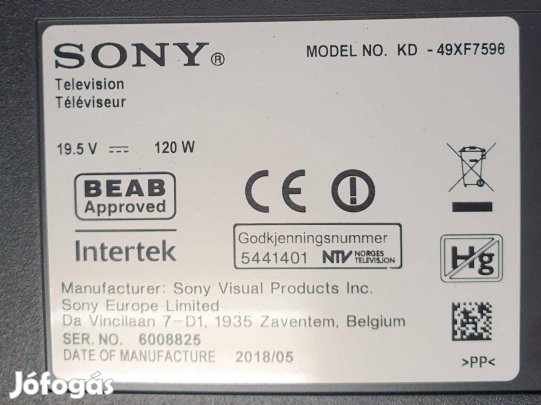 Sony KD-49XF7596 4K UHD LED LCD tv hibás törött alkatrésznek
