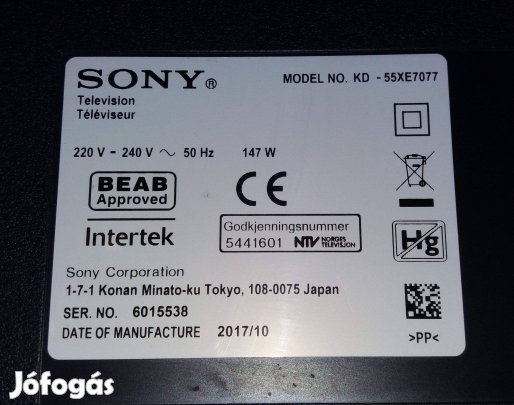 Sony KD-55XE7077 4k UHD tv hibás törött alkatrésznek mainboard elkelt!