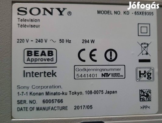 Sony KD-65XE9305 4K UHD Android tv hibás törött alkatrésznek eladó