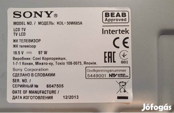 Sony Kdl-50W685A LED TV panelek alkatrésznek eladó