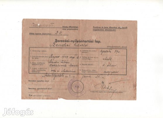 Sorozási-nyilvántartási lap 1944 10000ft óbuda
