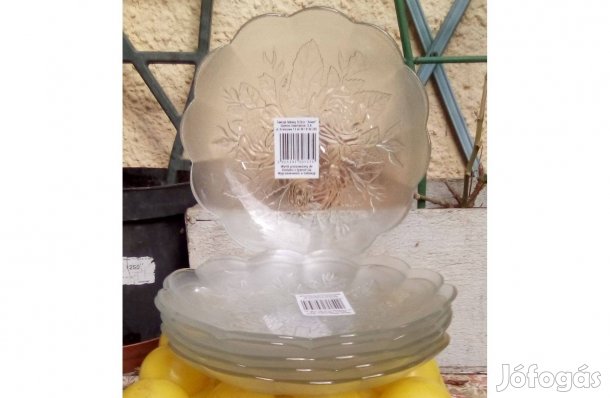 Sosem használt sütis üvegtányér készlet, virágmintás