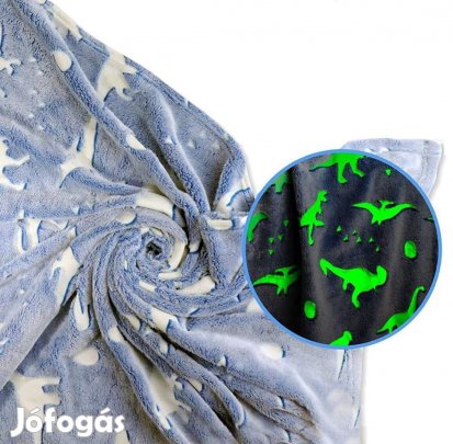 Sötétben világító dínós 200x230cm plüss takaró, pléd wellsoft szürke