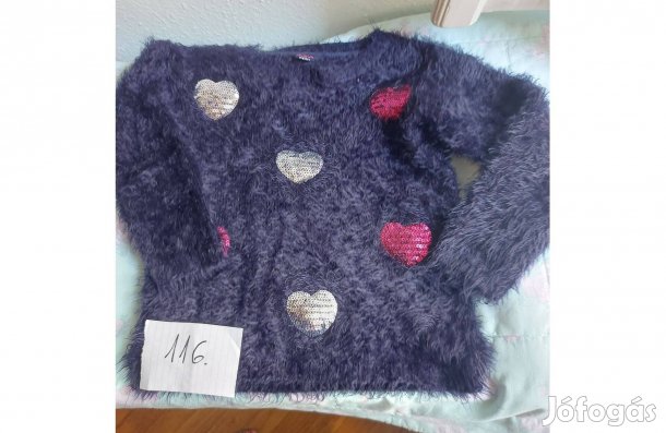 Sötétkék 116-os méretű kislány felső szívecske flitterekkel