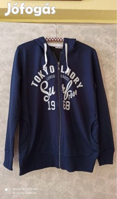 Sötétkék fehér feliratos pamut kapucnis cipzáras pulóver M-L