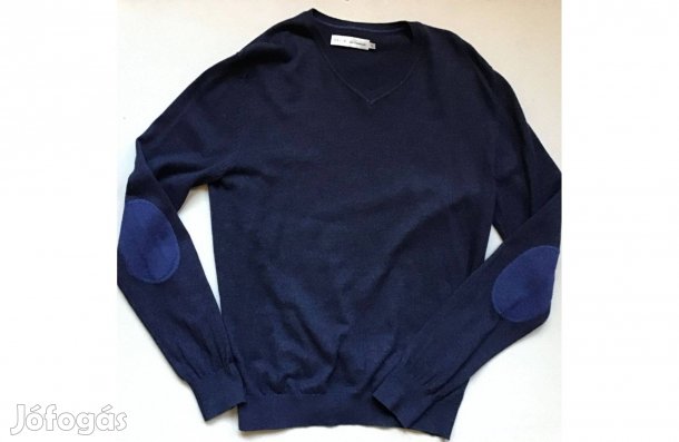 Sötétkék férfi/fiú pamut pulóver, V-nyakú, S-es