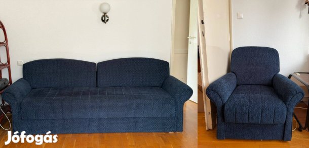 Sötétkék ülőgarnitúra szett - kanapé és két fotel ágyneműtartóval