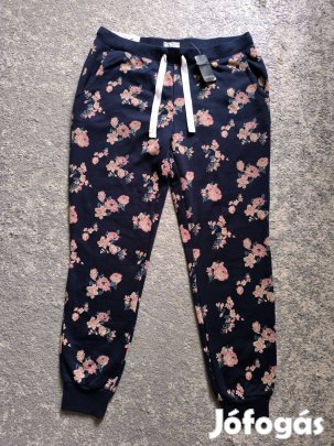 Sötétkék virágmintás bélelt pamut melegítőnadrág, szabadidőnadrág