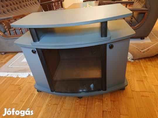 Sötétszürke forgatható, üvegajtós, gurulós tv állvány, használt