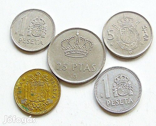 Spanyol peseta 5 darab fémpénz egyben