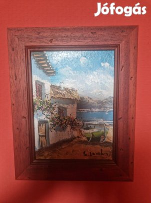 Spanyol tengerpart olajfestmény, szignózott