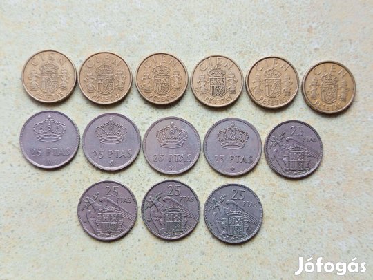 Spanyolország 14 db Különböző Érme 25 100 Pesetas 1958-1990
