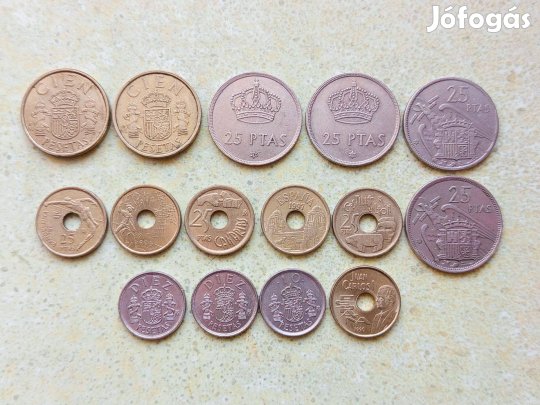 Spanyolország 15 db Különböző Érme 10 25 100 Pesetas 1958-1997