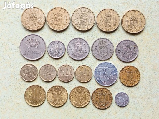 Spanyolország 21 db Különböző Érme 1 2 5 10 25 100 Pesetas 1971-1998