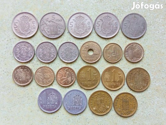 Spanyolország 21 db Különböző Érme 1 5 10 25 Pesetas 1958-1997