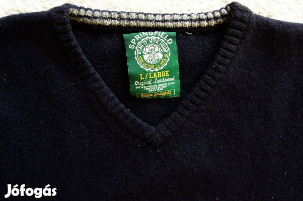 Springfield fekete pulóver L méret V nyak. 100 % gyapjú