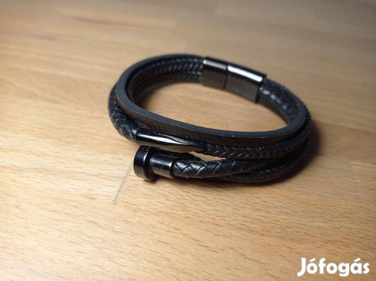 Stílusos, szálas bőr fonott férfi karkötő mágneses csattal - újszerű
