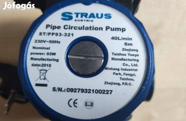 Straus Austria fűtés keringető szivattyú. 93 watt, 6 m magasság. új!