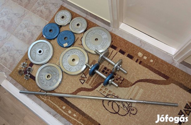 Súlyzókészlet tárcsákkal, rudakkal, paddal együtt eladó!
