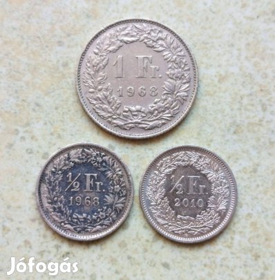 Svájc 3 db Különböző Érme 1/2 1 Frank Francs 1968-2010