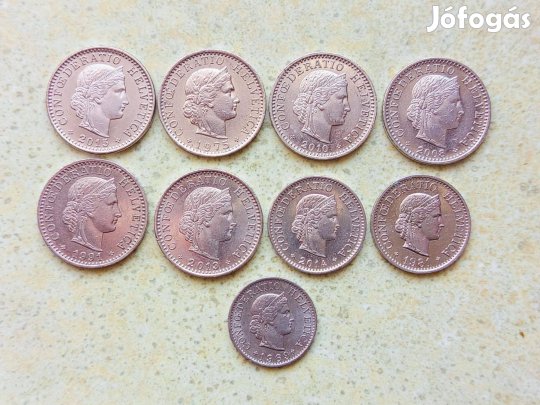 Svájc 9 db Különböző Érme 5 10 20 Rappen 1969-2015 Árfolyamon