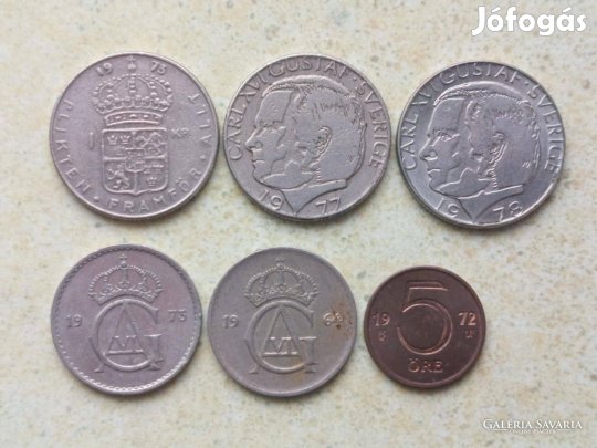 Svédország 6 db Különböző Érme 5,50 Öre 1 Korona 1964-1978