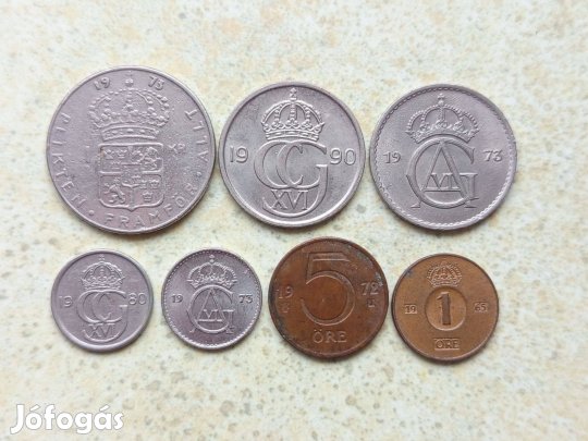 Svédország 7 db Különböző Érme 1,5,10,50 Öre 1 Korona 1965-1990