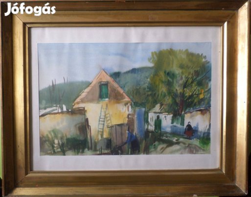 Szalóky Sándor: Falusi házak (akvarell)