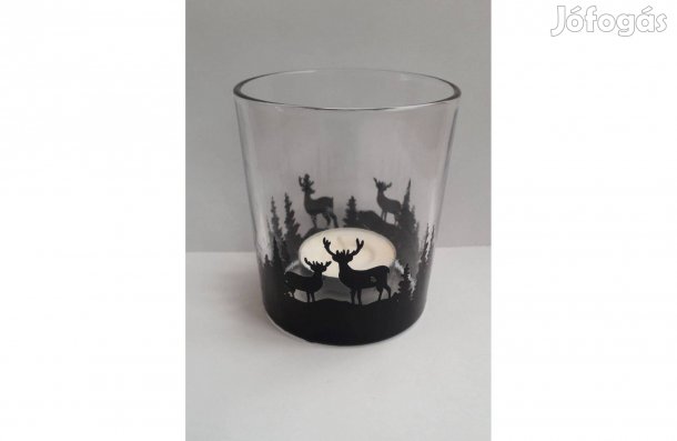 Szarvas mintás üveg pohár mécsestartó új 8*7 cm