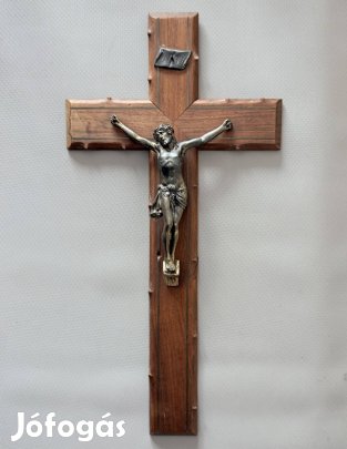 Századközepi feszület - fa kereszten sárgaréz korpusszal / 45x23 cm
