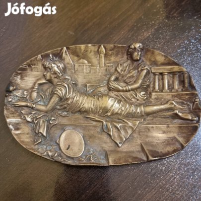 Szecessziós stílusú bronz névjegytartó nőalakokkal, íróasztaldísz