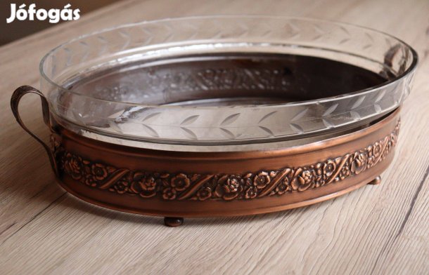 Szecessziós vörösréz üvegbetétes tál