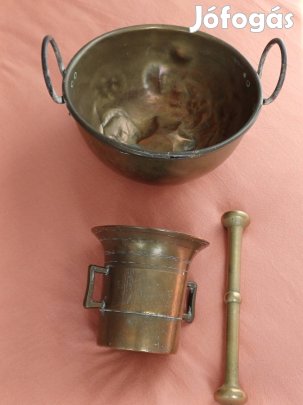 Szép, súlyos antik sárgaréz mozsár és habüst/keverőtál