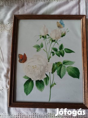 Szép, virágos, pillangós kép keretezve, 33*26 cm